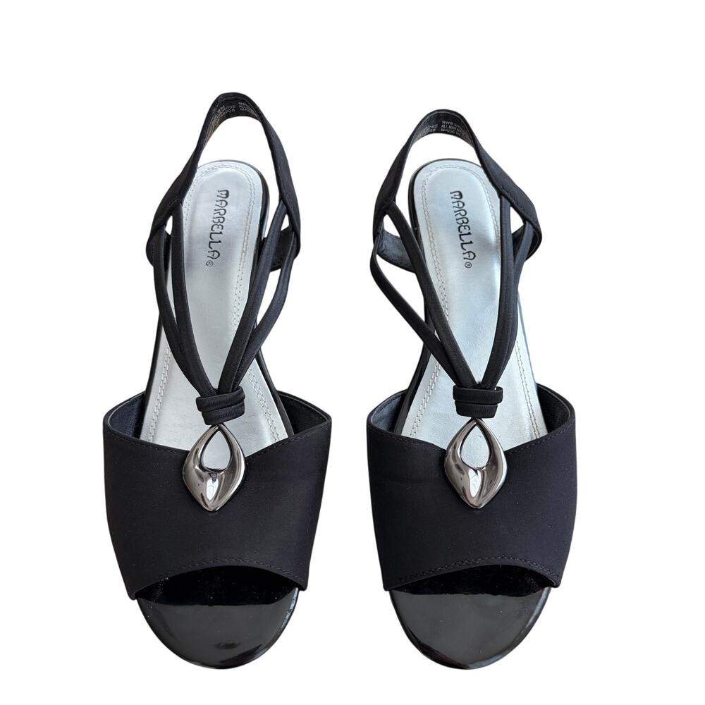 Marbella Black Strappy Slingback Sandals Metallic Hardware Y2K 90s inspired